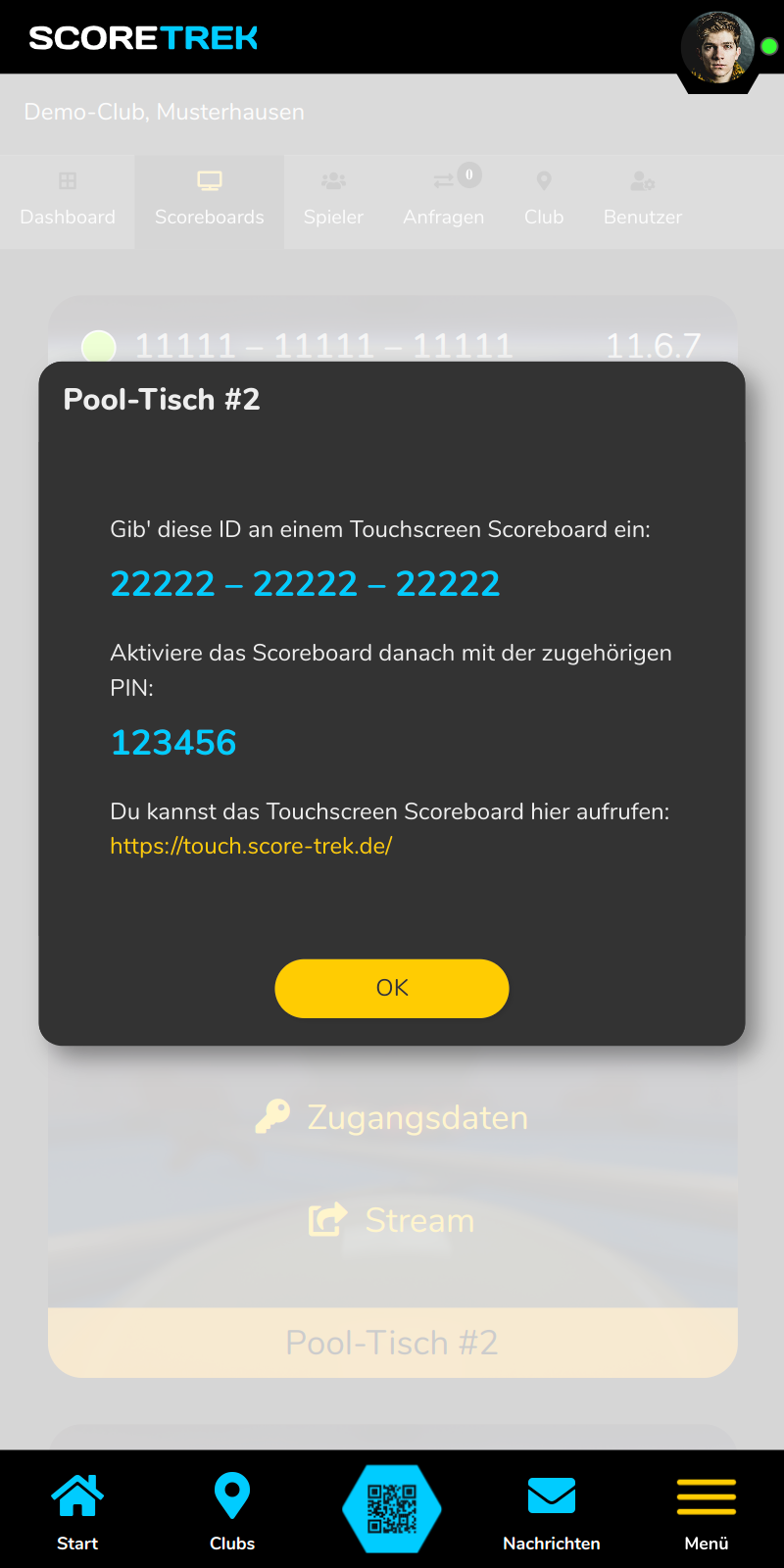 Scoreboard Zugangsdaten