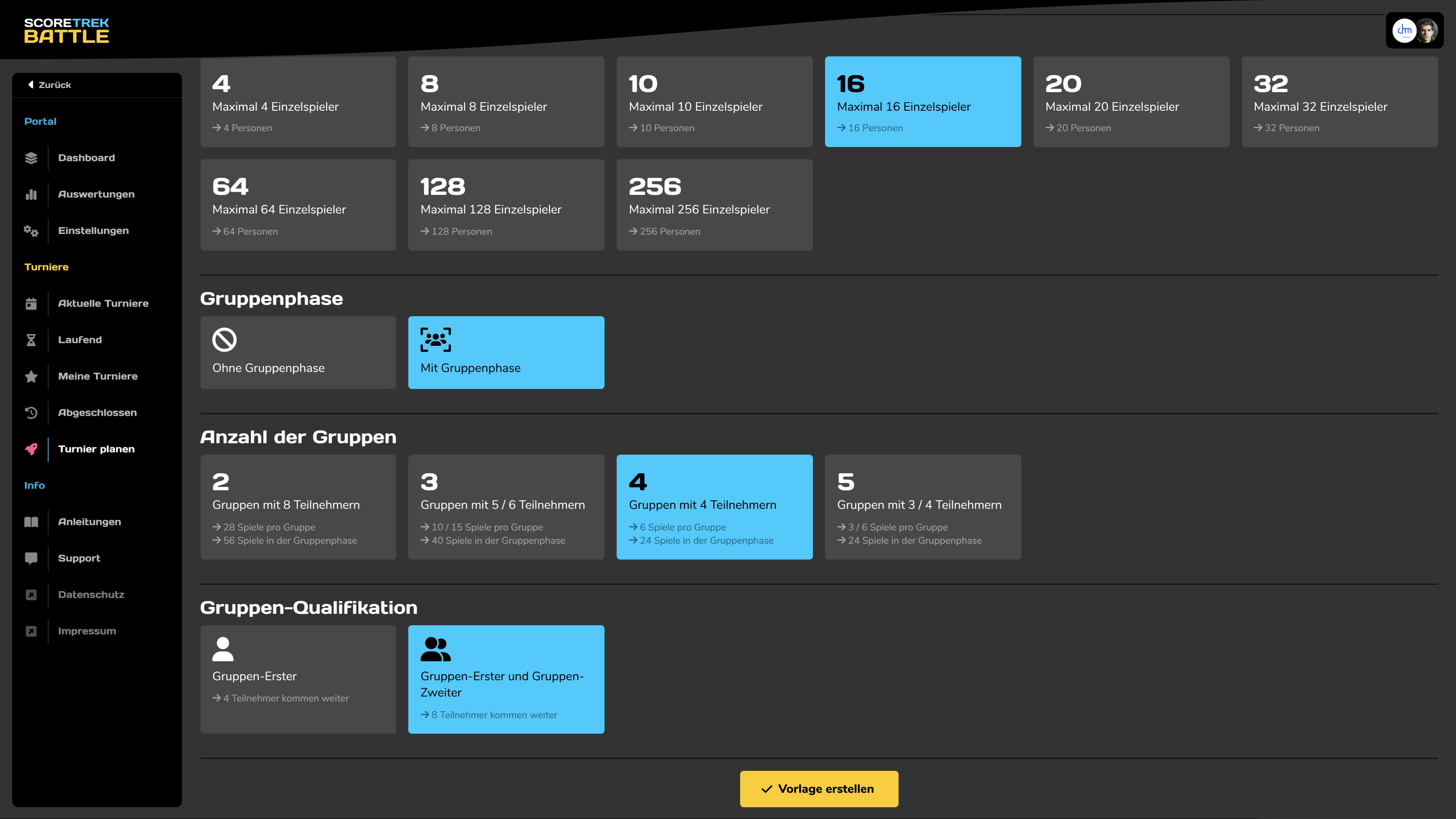 Turniervorlage erstellen