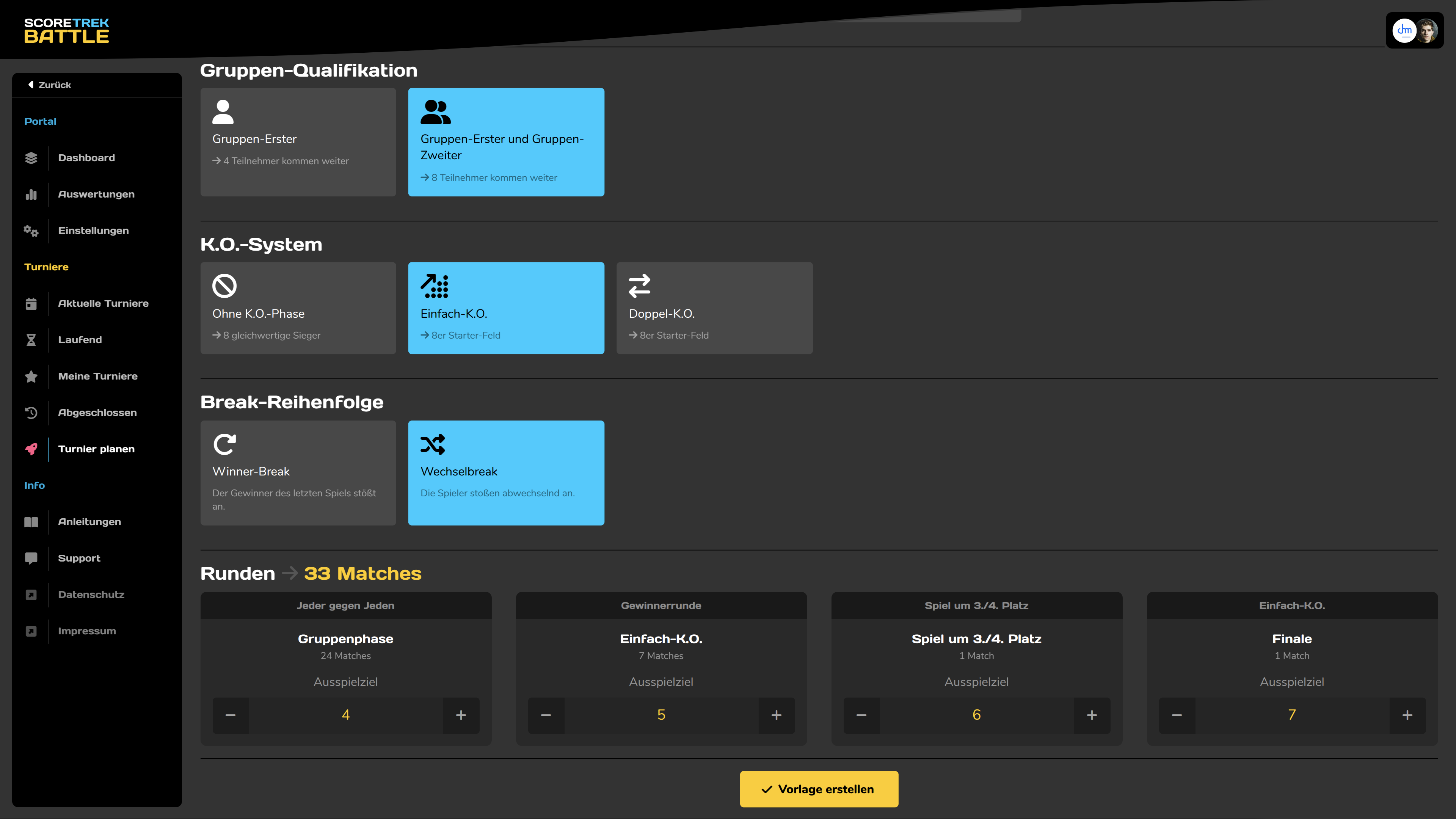 Turniervorlage erstellen